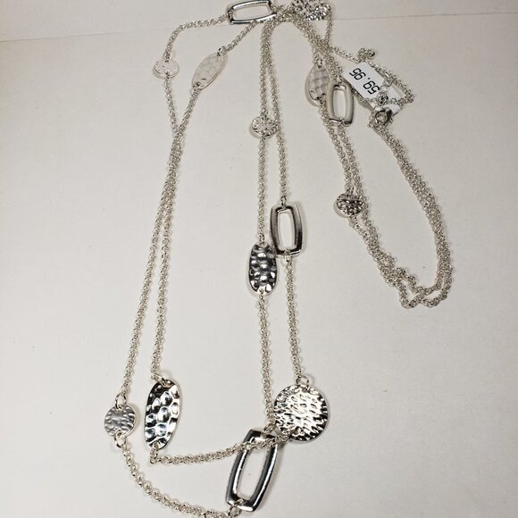 Polished 40" Silver tone Layered Textured, Hammered Discs Hoops Long Necklace - Picture 7 of 9